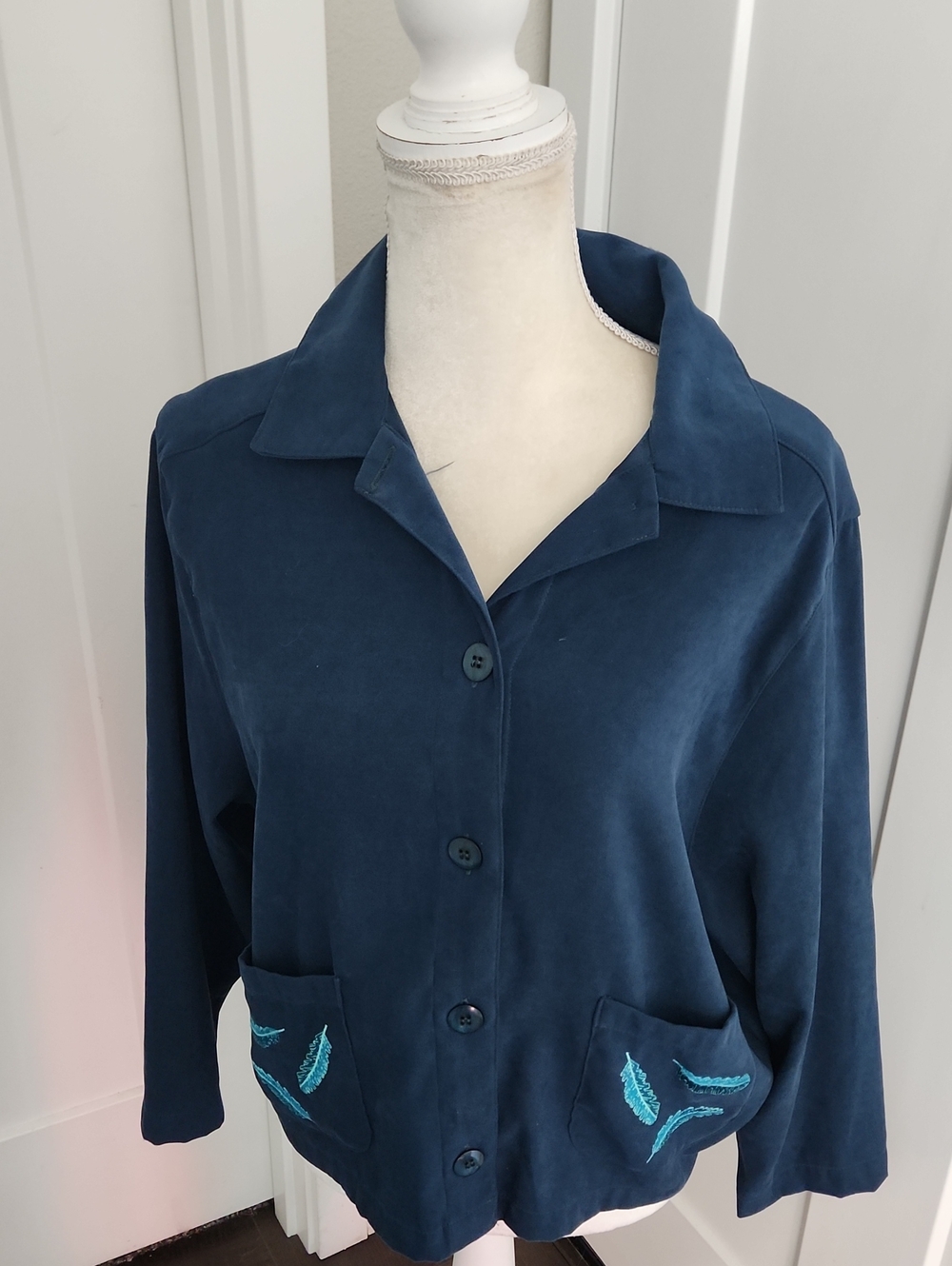 BonWorth Navy Button-Front Jacket with Turquoise Embroidered Pockets